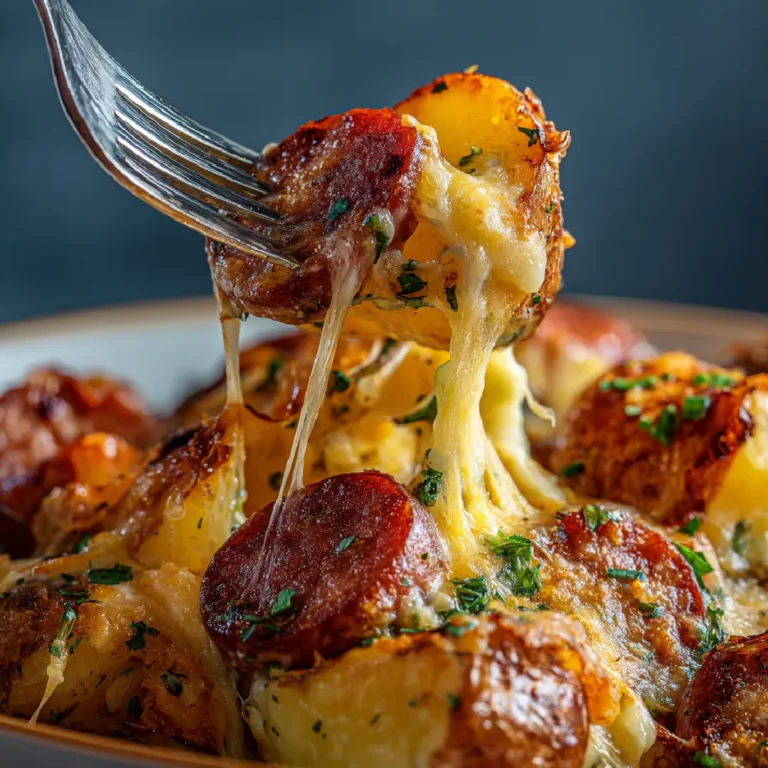 Cheesy Ranch Potatoes and Smoked Sausage 3 Close-up of cheesy ranch potatoes and crispy smoked sausage