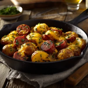 Overhead shot of cheesy ranch potatoes and smoked sausage in a cast iron skillet