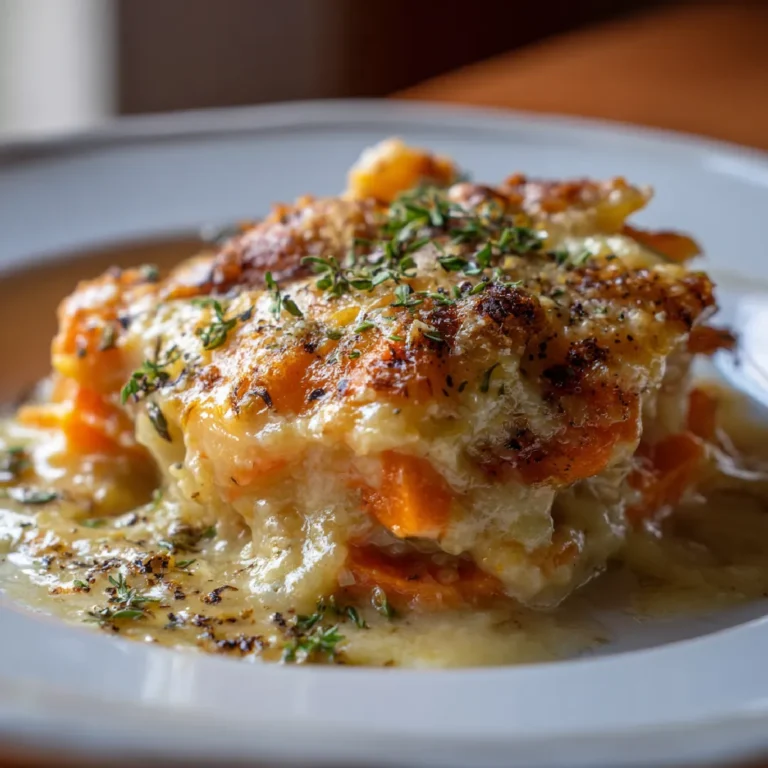 Cheesy Root Vegetable Gratin 3 Close-up of cheesy root vegetable gratin slice with melted cheese and tender layers