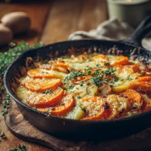 Cheesy root vegetable gratin in a cast iron skillet with golden top, perfect Thanksgiving side dish