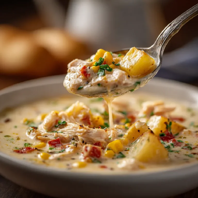 Crockpot Chicken Corn Chowder 3 Close-up of a spoonful of chicken corn chowder with visible chicken and corn