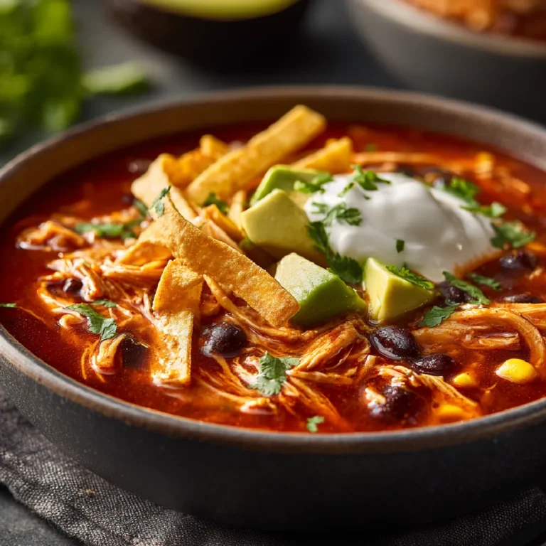 Chicken Enchilada Soup 3 Close-up of chicken enchilada soup with black beans, corn, avocado, and tortilla strips