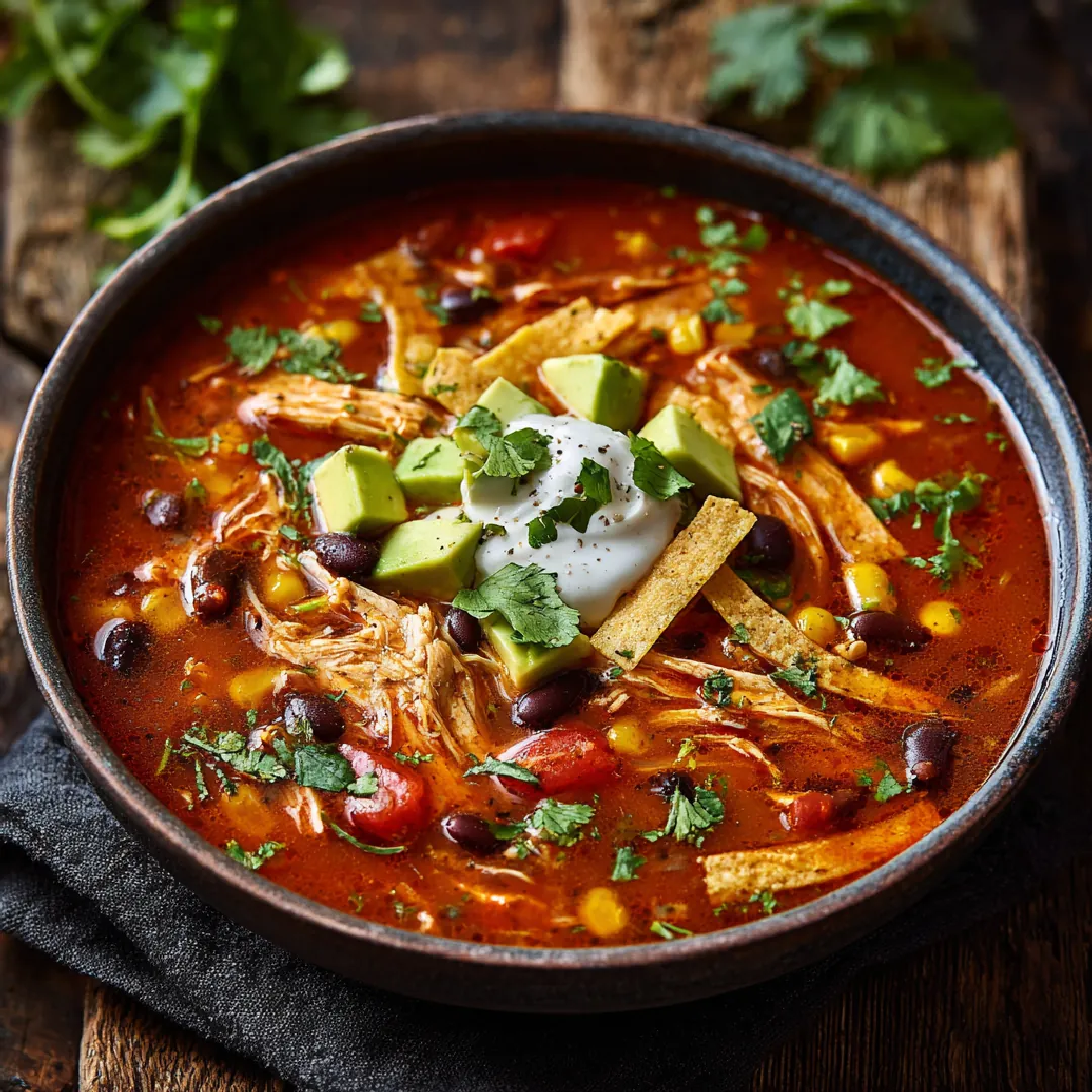 chicken-enchilada-soup-overhead-view Overhead view of chicken enchilada soup with shredded chicken, black beans, corn, and avocado
