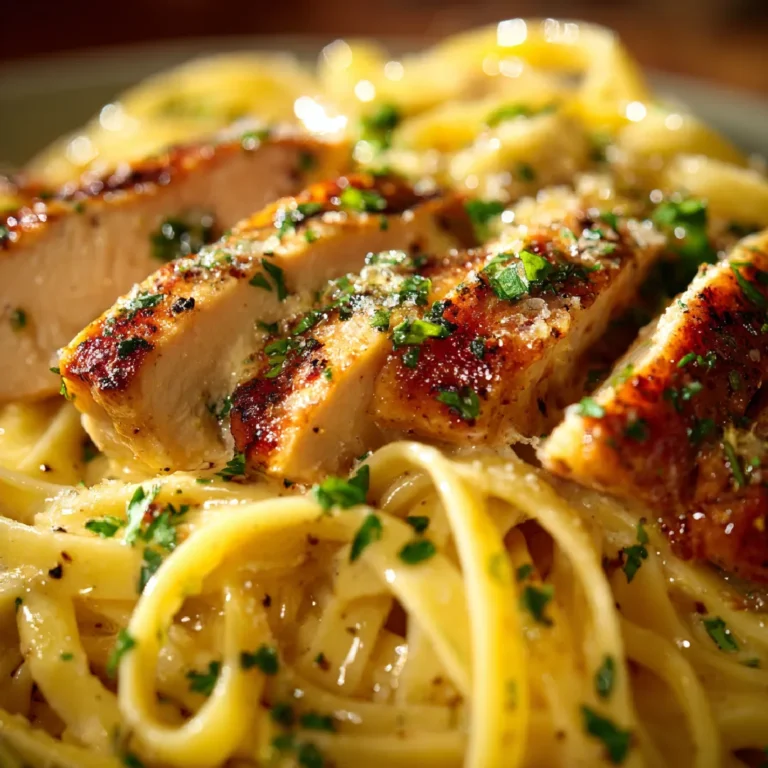 Cowboy Butter Chicken Linguine 3 Close-up of buttery linguine with sliced cowboy butter chicken and fresh herbs in creamy garlic sauce.