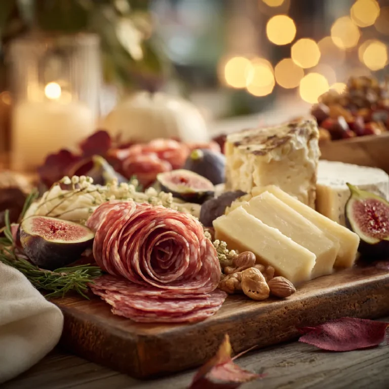 Thanksgiving Charcuterie Board 3 Close-up of a festive Friendsgiving charcuterie board with salami roses, cheeses, nuts, and fall garnishes