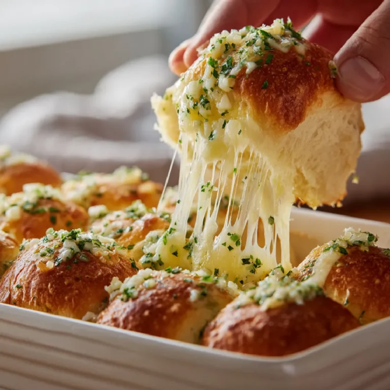 Garlic Butter Bread Rolls 3 Close-up of a garlic butter bread roll being pulled from a baking dish with melted butter and herbs