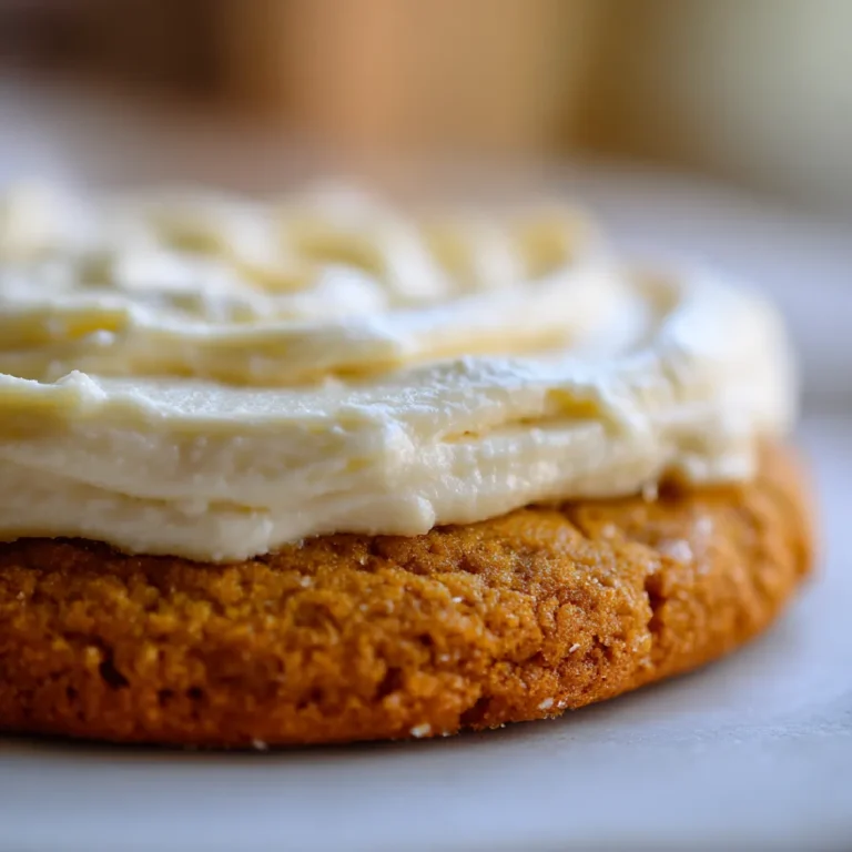Pumpkin Sugar Cookies with Cream Cheese Frosting 3 Close-up of soft pumpkin cookie with thick cream cheese frosting and rich autumn colors.