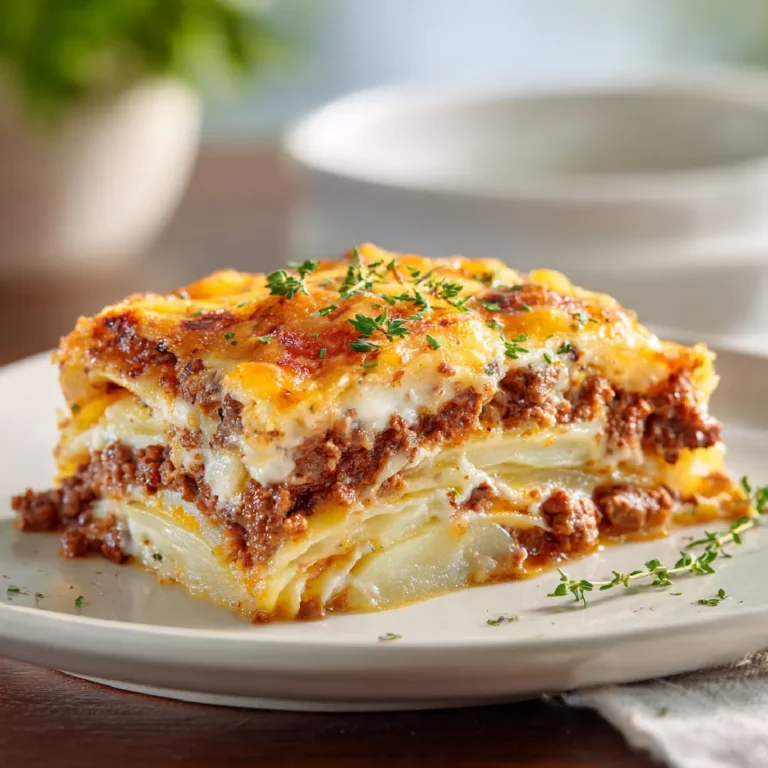 Ground Beef and Potato Casserole 3 Close-up of a hot, cheesy slice of ground beef and potato casserole showing beef, potatoes, and melted cheese