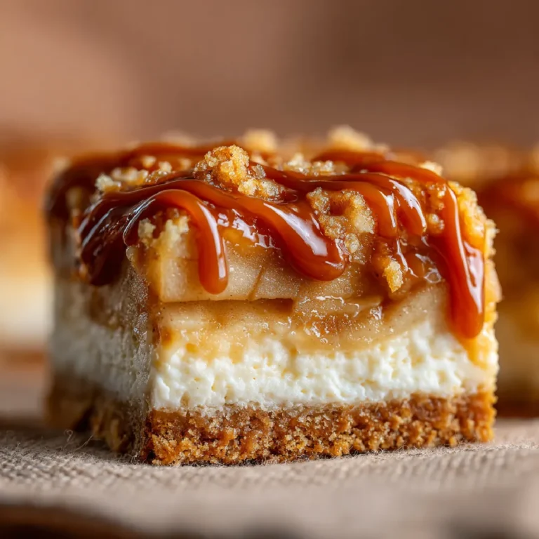 Caramel Apple Cheesecake Bars 3 Close-up of a caramel apple cheesecake bar showing its layered texture.