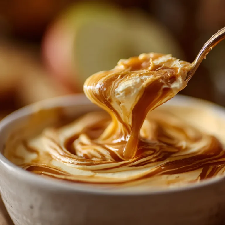 Caramel Apple Cheesecake Dip 3 Close-up of spoon scooping caramel apple cheesecake dip with swirls of caramel and creamy texture