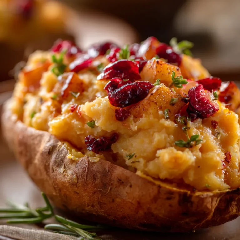 Cranberry Apple Twice-Baked Sweet Potatoes 3 Close-up of cranberry apple filling in a twice-baked sweet potato with golden top.