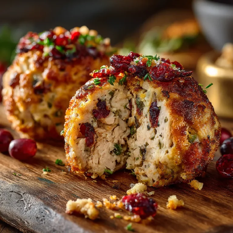 Cranberry Turkey Stuffing Balls 3 Close-up of a cranberry turkey stuffing balls showing the juicy interior and crispy edges.