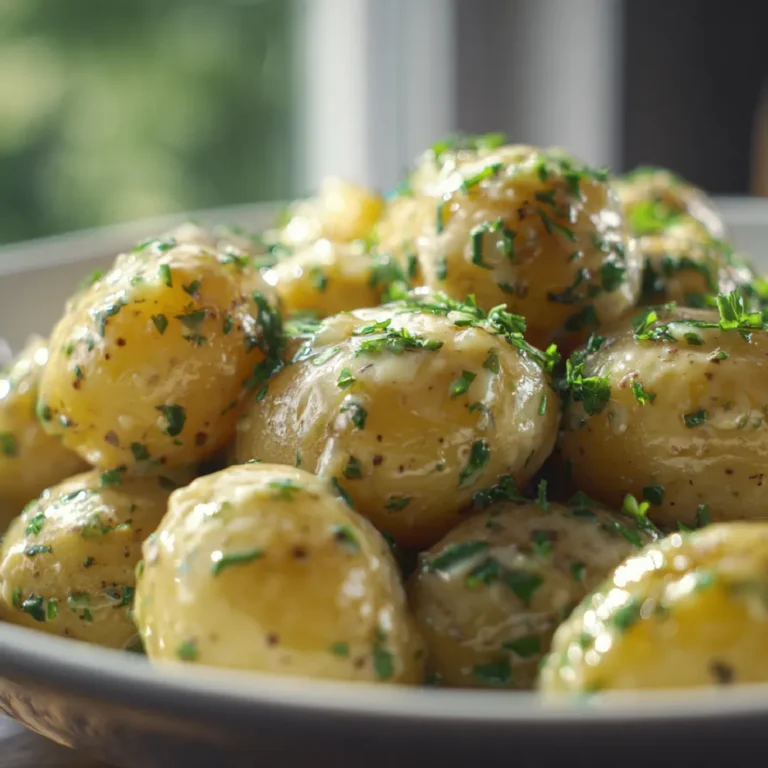 Creamy Garlic Sauce Baby Potatoes 3 Close-up of creamy garlic baby potatoes with herbs and rich sauce