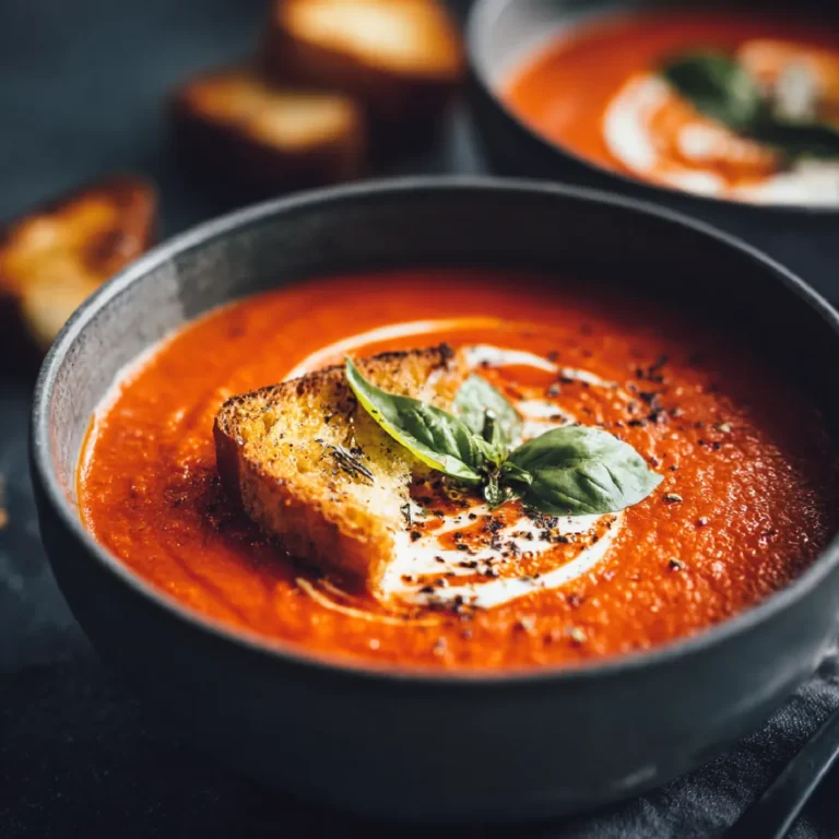 Creamy Roasted Garlic Tomato Soup 3 Close-up of creamy roasted garlic tomato soup with cream swirl, basil garnish, and cracked pepper