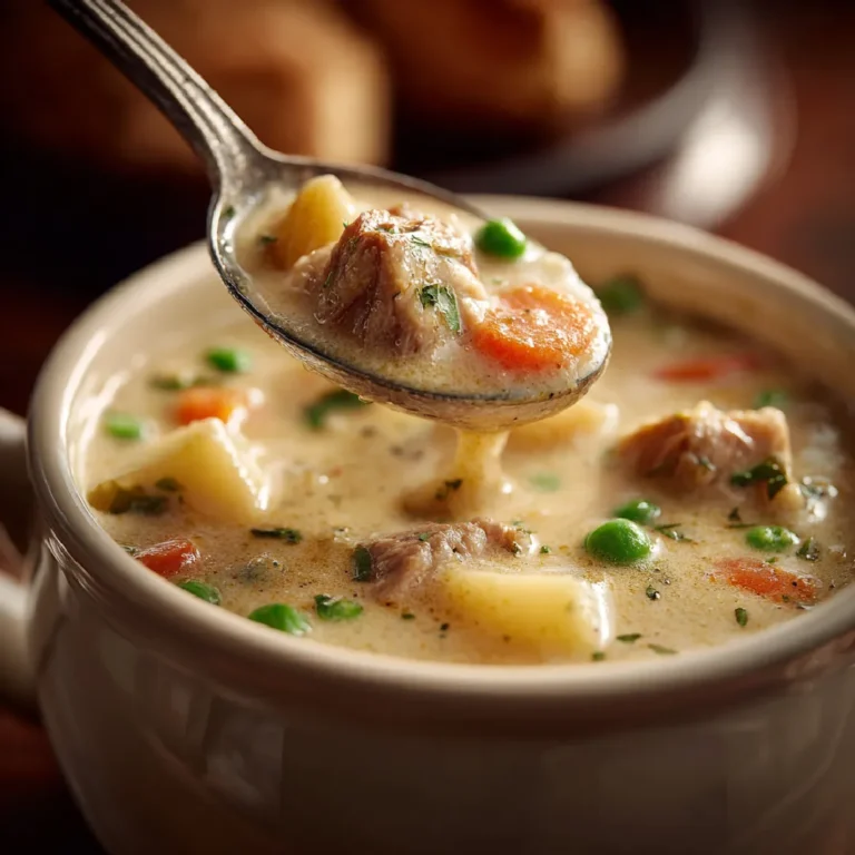 Copycat Dolly Parton Stampede Soup 3 Close-up of creamy Stampede soup with pork and vegetables in a spoonful