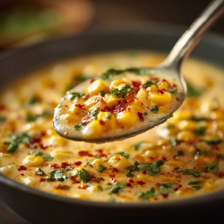 Mexican Street Corn Soup Crockpot Recipe 3 Spoonful of creamy Mexican street corn soup with sweet corn, cheese, cilantro, and chili flakes in rich, velvety broth.
