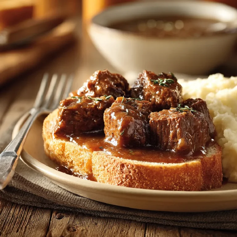 Slow Cooker Beef Manhattan 3 Close-up of slow-cooked beef with gravy over bread and mashed potatoes on a dinner plate