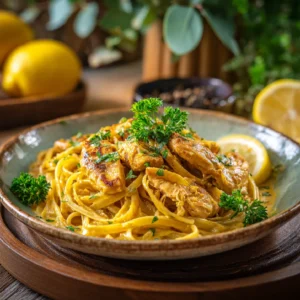 Overhead view of cowboy butter chicken linguine on a rustic plate with garlic butter sauce and sliced chicken.