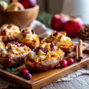 Cranberry apple twice-baked sweet potatoes served in a rustic fall setting with apples and cranberries.