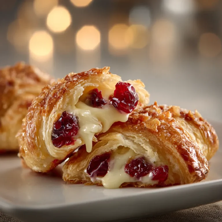 Cranberry Cream Cheese Crescent Bites 3 Close-up of cranberry cream cheese crescent bite with creamy filling oozing out