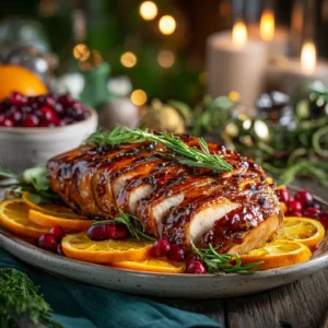 Holiday dinner table featuring a cranberry orange glazed turkey breast with festive garnishes