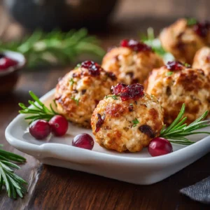 Golden cranberry turkey stuffing balls served on a white platter with rosemary and cranberries.