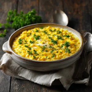 Creamed corn in a rustic serving dish with melted butter and fresh herbs, styled on a wooden table