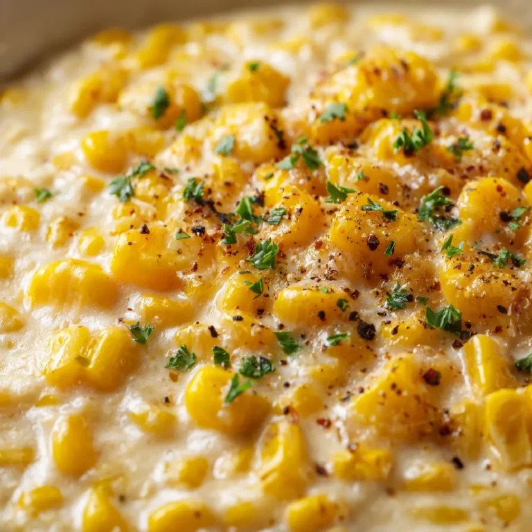 Creamed Corn Recipe 3 Close-up of sweet creamed corn with creamy sauce, cracked pepper, and chopped herbs.