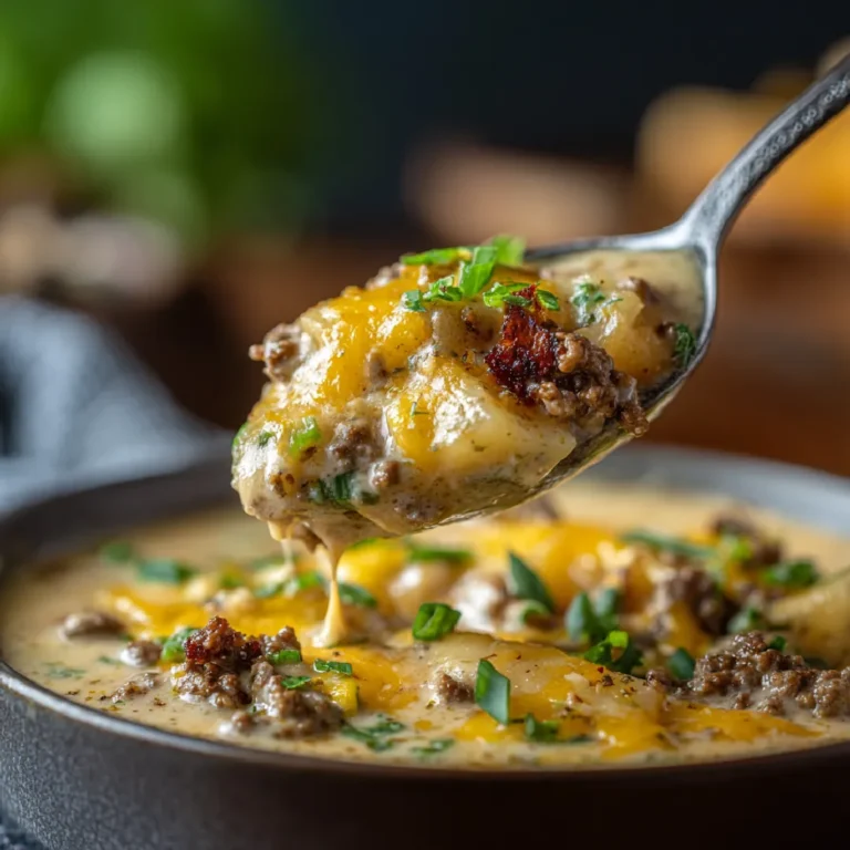 Crockpot Cheeseburger Soup Recipe 3 Spoon lifting creamy cheeseburger soup from a bowl