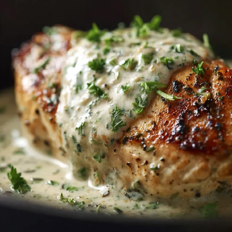 Crock Pot Ranch Chicken Recipe 3 Close-up of creamy Crock Pot ranch chicken breast topped with chopped parsley.