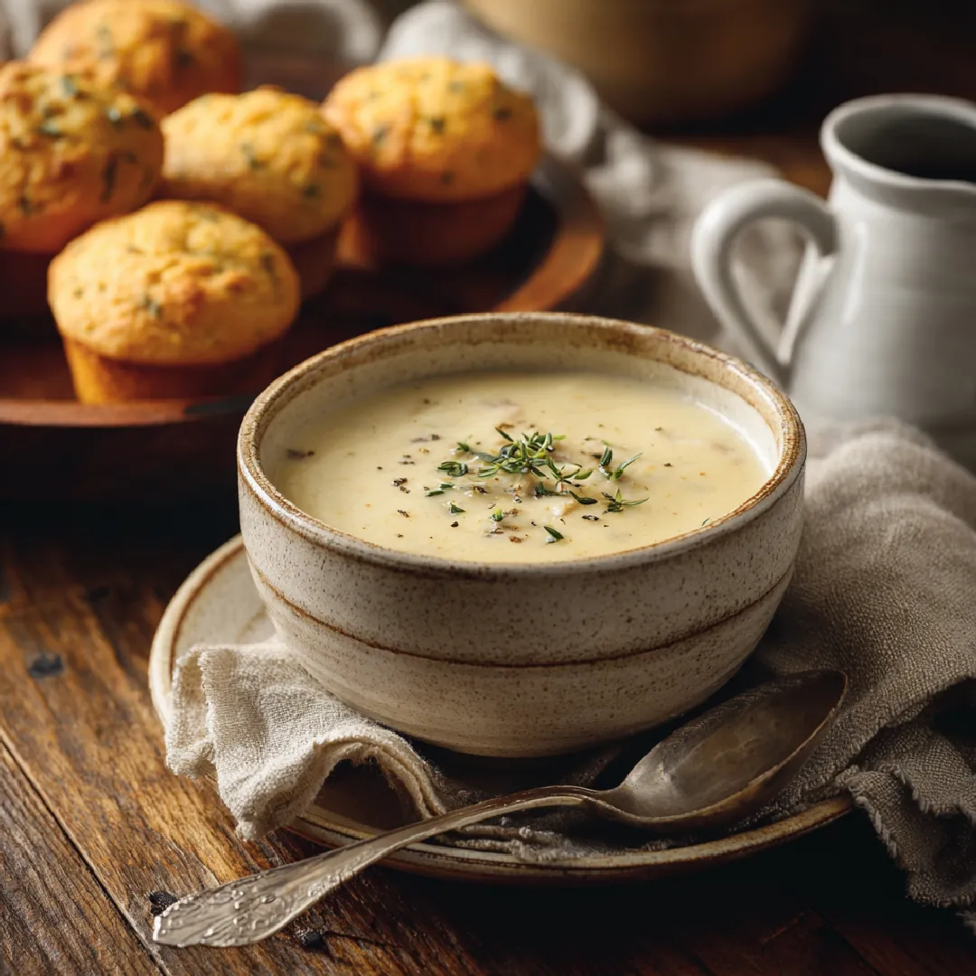 creamy-dolly-parton-stampede-soup-stoneware-bowl Stoneware bowl of creamy Dolly Parton Stampede soup with cornbread on a rustic table