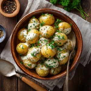 Bowl of creamy garlic baby potatoes with parsley garnish on a rustic wooden table