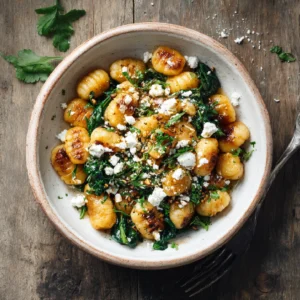 Overhead shot of gnocchi with spinach and feta in a white ceramic baking dish.