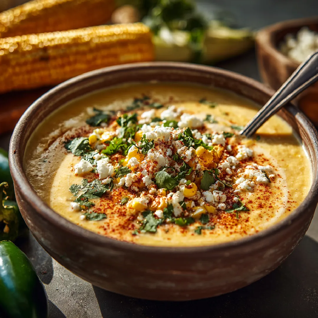 creamy-mexican-street-corn-soup-crockpot-overview Creamy Mexican street corn soup in a ceramic bowl with cotija cheese, cilantro, lime, and chili powder, surrounded by fresh corn and jalapeños on a rustic table.