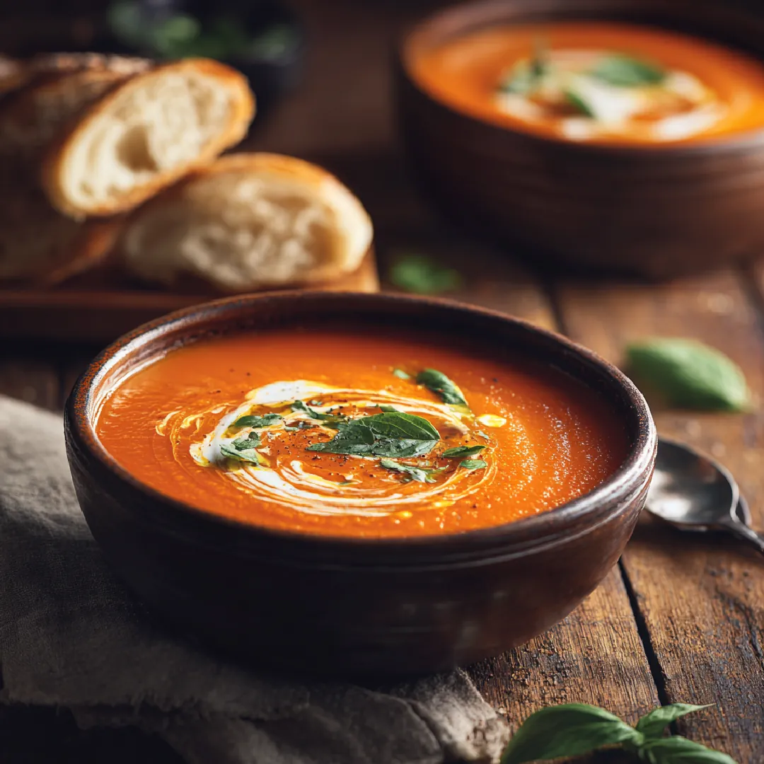 creamy-roasted-garlic-tomato-soup-rustic-overview Bowl of creamy roasted garlic tomato soup with basil and cream swirl on a rustic wooden table beside crusty bread