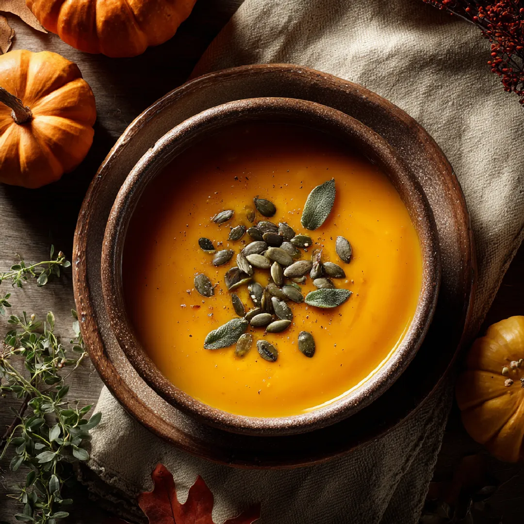 creamy-roasted-pumpkin-soup-fall-overhead Overhead shot of a bowl of creamy roasted pumpkin soup on a rustic fall-themed table setting.