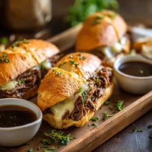 Overhead view of Crock Pot French Dip Sandwiches with au jus and herbs on a wooden tray