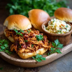 Overhead shot of crockpot BBQ pulled chicken with buns on a wooden plate, perfect for summer dinners