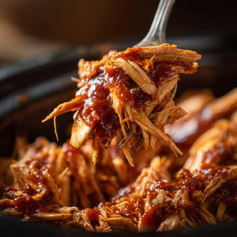 Crockpot BBQ Chicken 3 Close-up of tender pulled BBQ chicken in a crockpot with rich sauce