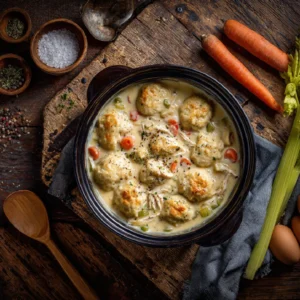 Crockpot filled with creamy chicken and dumplings in a rustic kitchen setting