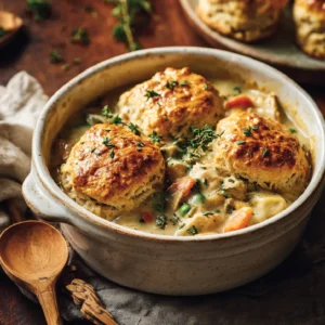 Creamy crockpot chicken pot pie in a white bowl with golden biscuit topping on a rustic table.