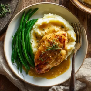 Overhead view of honey mustard chicken with mashed potatoes and green beans on a white plate