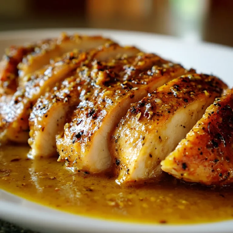 Crockpot Honey Mustard Chicken 3 Close-up of honey mustard glazed crockpot chicken breast with golden sauce