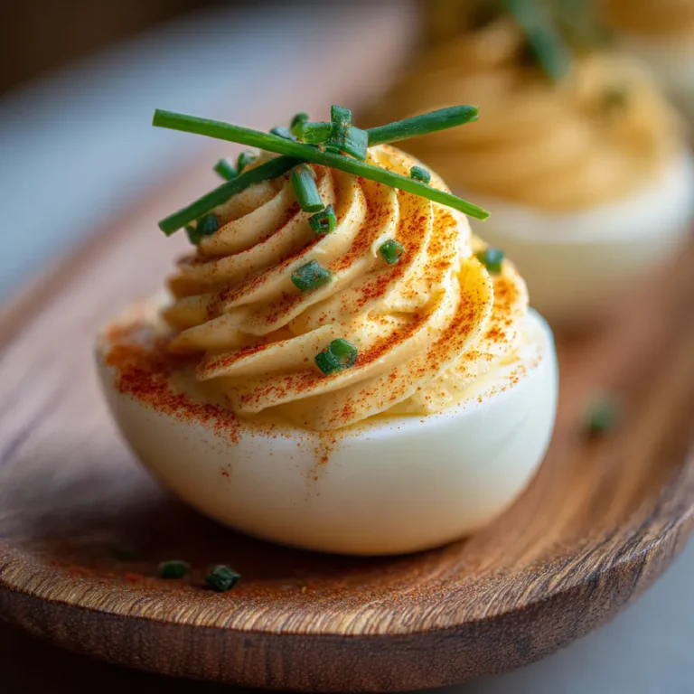 Thanksgiving Appetizer Deviled Eggs 3 Close-up of a deviled egg with creamy filling and paprika garnish, ideal for Thanksgiving appetizers.