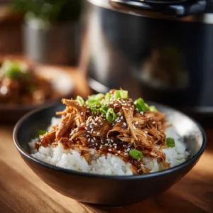 Overhead shot of Dump and Go Crockpot Teriyaki Chicken with rice, garnished with green onions and sesame seeds.