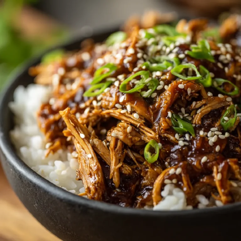 Dump and Go Crockpot Teriyaki Chicken 3 Close-up of Dump and Go Crockpot Teriyaki Chicken with sesame seeds and green onions over rice.