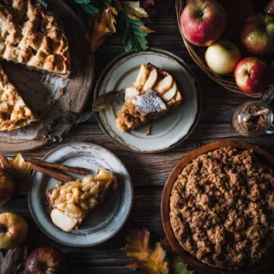 Top view of homemade apple desserts like pies, crisps, and baked apples styled on a rustic fall-themed table.