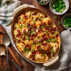 Cheesy crack chicken casserole baked in a rustic dish topped with bacon and green onions.