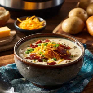 Overhead Crockpot cheeseburger soup recipe