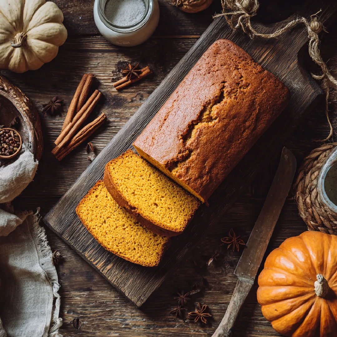 easy-moist-pumpkin-bread-overview Whole homemade pumpkin bread loaf sliced on a wooden board with fall spices and a pumpkin in the background.